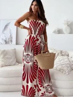 Tenue d'été droite une pièce en polyester sans bretelles imprimée bleu marine foncé