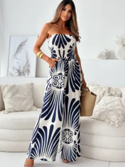 Tenue d'été droite une pièce en polyester sans bretelles imprimée bleu marine foncé