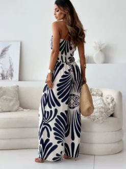 Tenue d'été droite une pièce en polyester sans bretelles imprimée bleu marine foncé