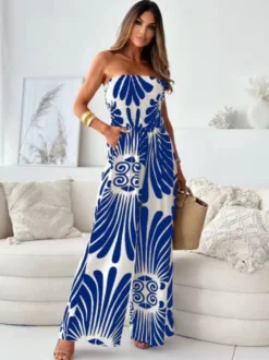 Tenue d'été droite une pièce en polyester sans bretelles imprimée bleu marine foncé