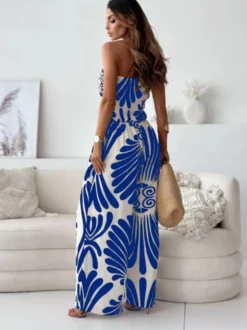 Tenue d'été droite une pièce en polyester sans bretelles imprimée bleu marine foncé