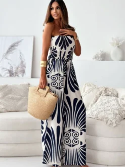 Tenue d'été droite une pièce en polyester sans bretelles imprimée bleu marine foncé