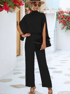 Tenue Une Pièce D'été Droite Plissée À Col Montant Manches 3/4 Vertes Combinaison à Soirée