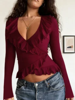 Top cache-cœur romantique à volants pour femme - Col en V manches longues - Style Coquette tenue idéale pour un rendez-vous romantique printanier 2026