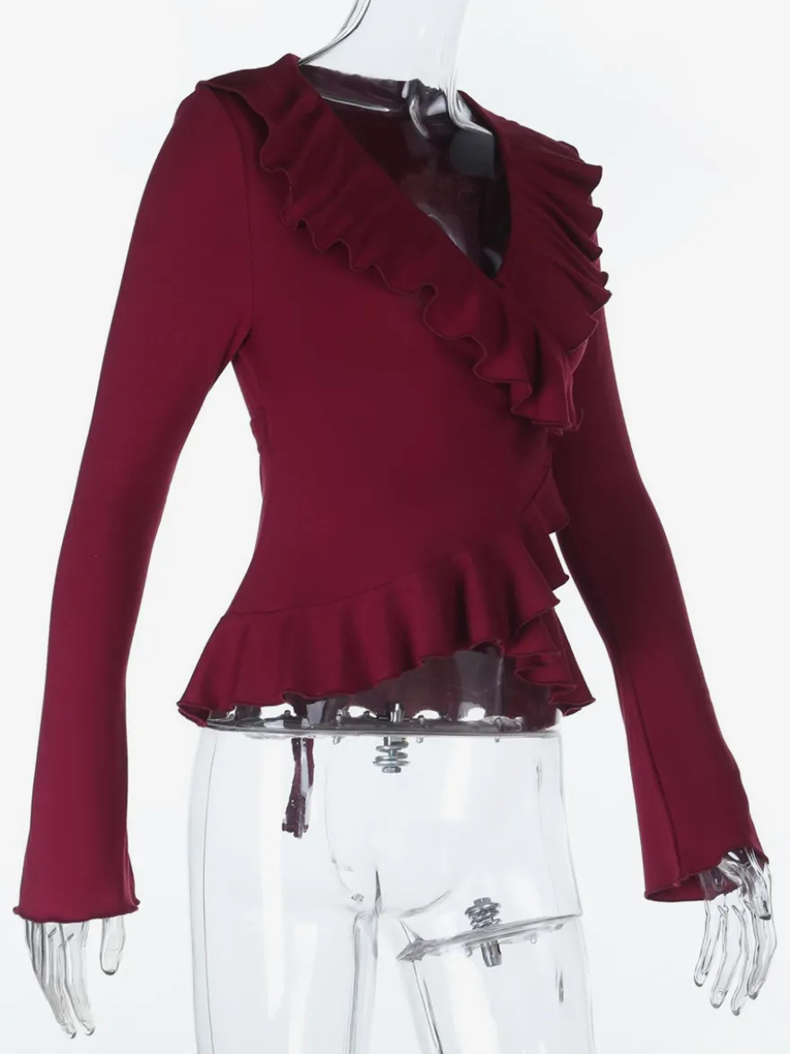 Top cache-cœur romantique à volants pour femme - Col en V manches longues - Style Coquette tenue idéale pour un rendez-vous romantique printanier 2026