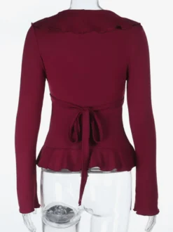 Top cache-cœur romantique à volants pour femme - Col en V manches longues - Style Coquette tenue idéale pour un rendez-vous romantique printanier 2026