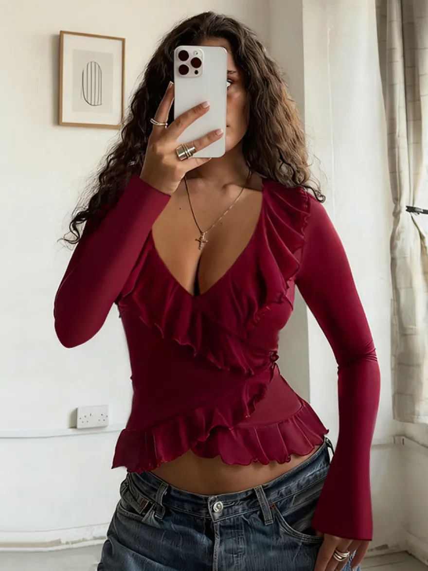 Top cache-cœur romantique à volants pour femme - Col en V manches longues - Style Coquette tenue idéale pour un rendez-vous romantique printanier 2026