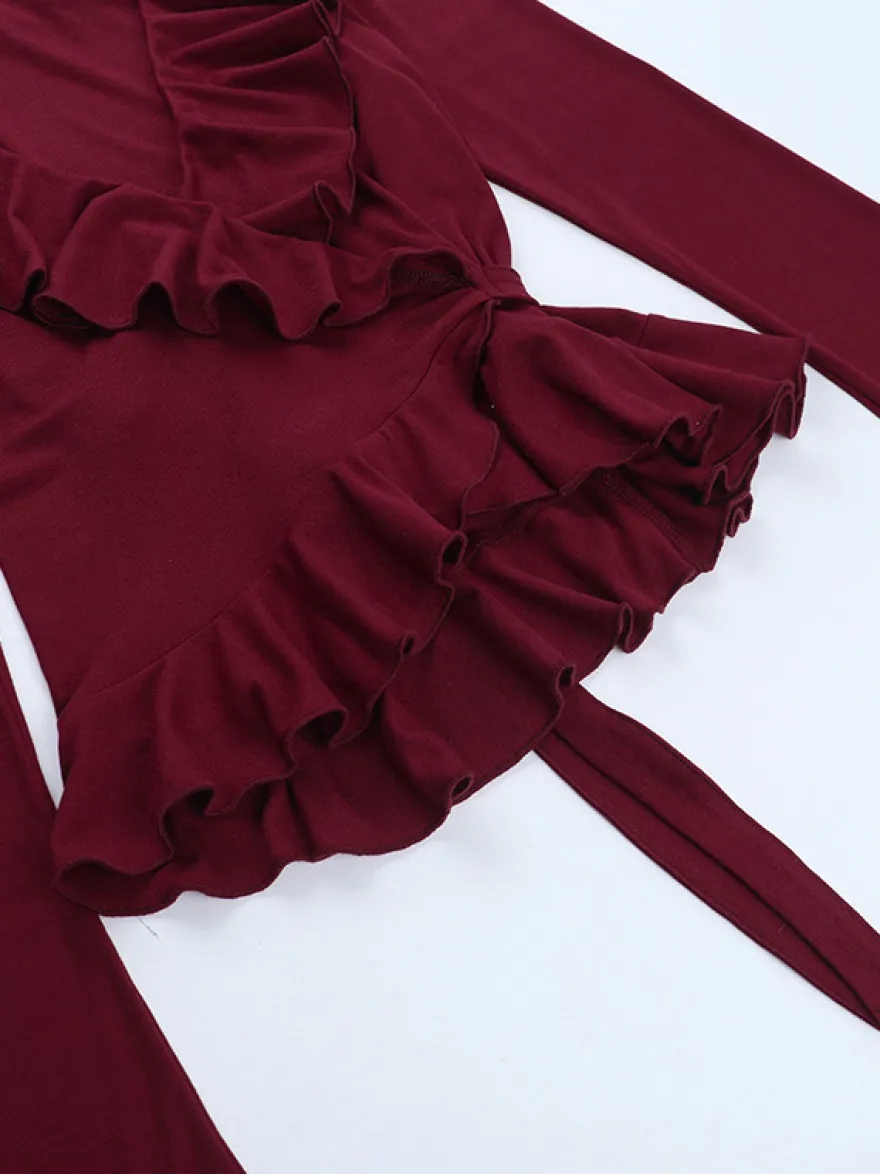 Top cache-cœur romantique à volants pour femme - Col en V manches longues - Style Coquette tenue idéale pour un rendez-vous romantique printanier 2026