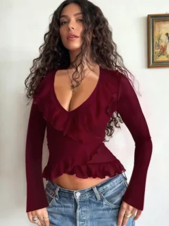 Top cache-cœur romantique à volants pour femme - Col en V manches longues - Style Coquette tenue idéale pour un rendez-vous romantique printanier 2026
