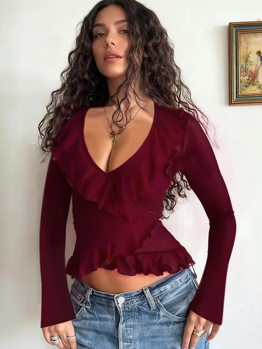Top cache-cœur romantique à volants pour femme - Col en V manches longues - Style Coquette tenue idéale pour un rendez-vous romantique printanier 2026