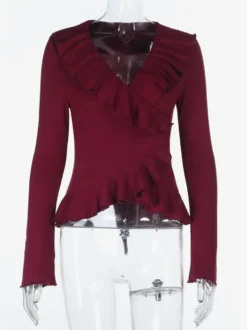 Top cache-cœur romantique à volants pour femme - Col en V manches longues - Style Coquette tenue idéale pour un rendez-vous romantique printanier 2026