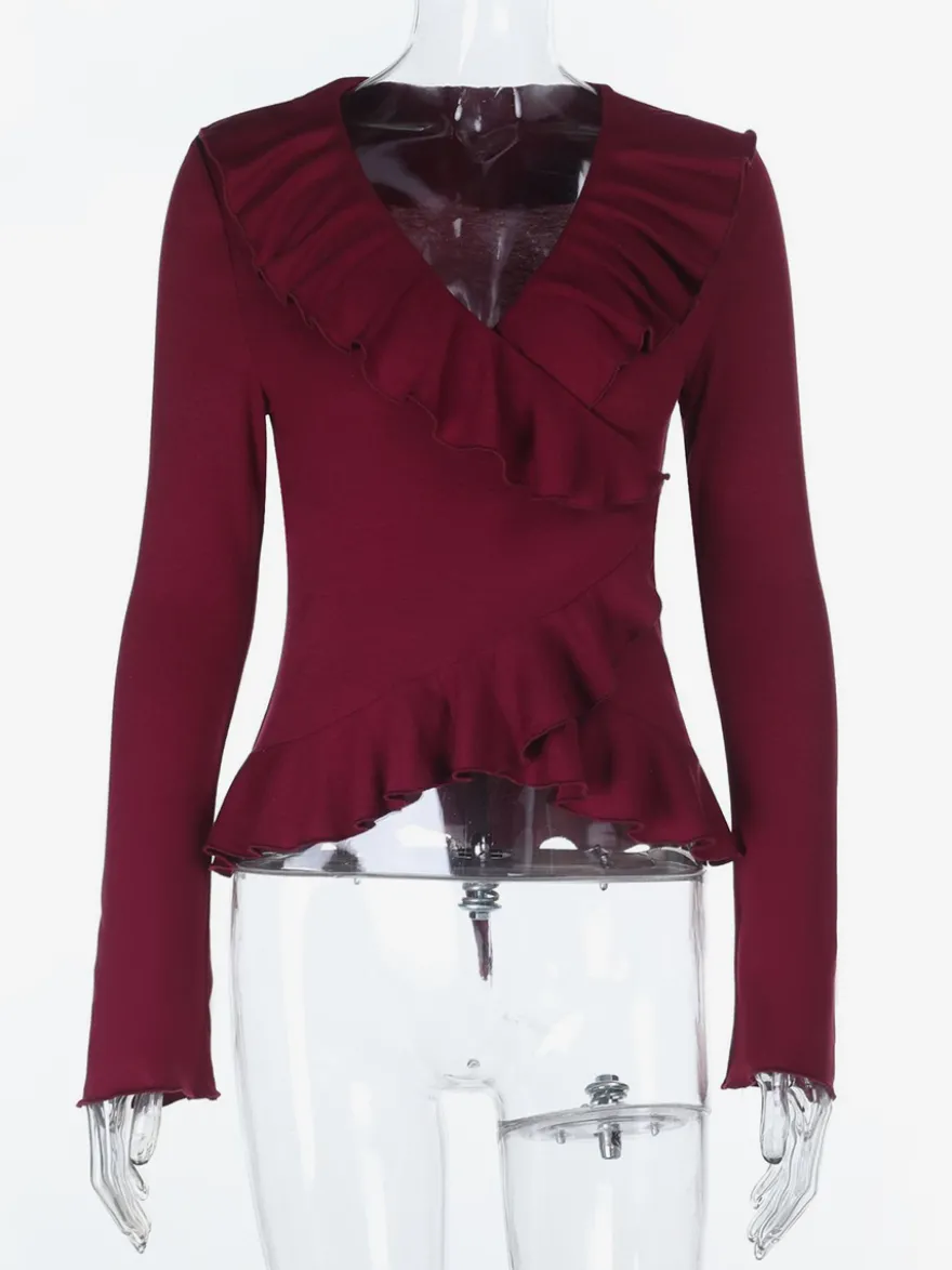 Top cache-cœur romantique à volants pour femme - Col en V manches longues - Style Coquette tenue idéale pour un rendez-vous romantique printanier 2026
