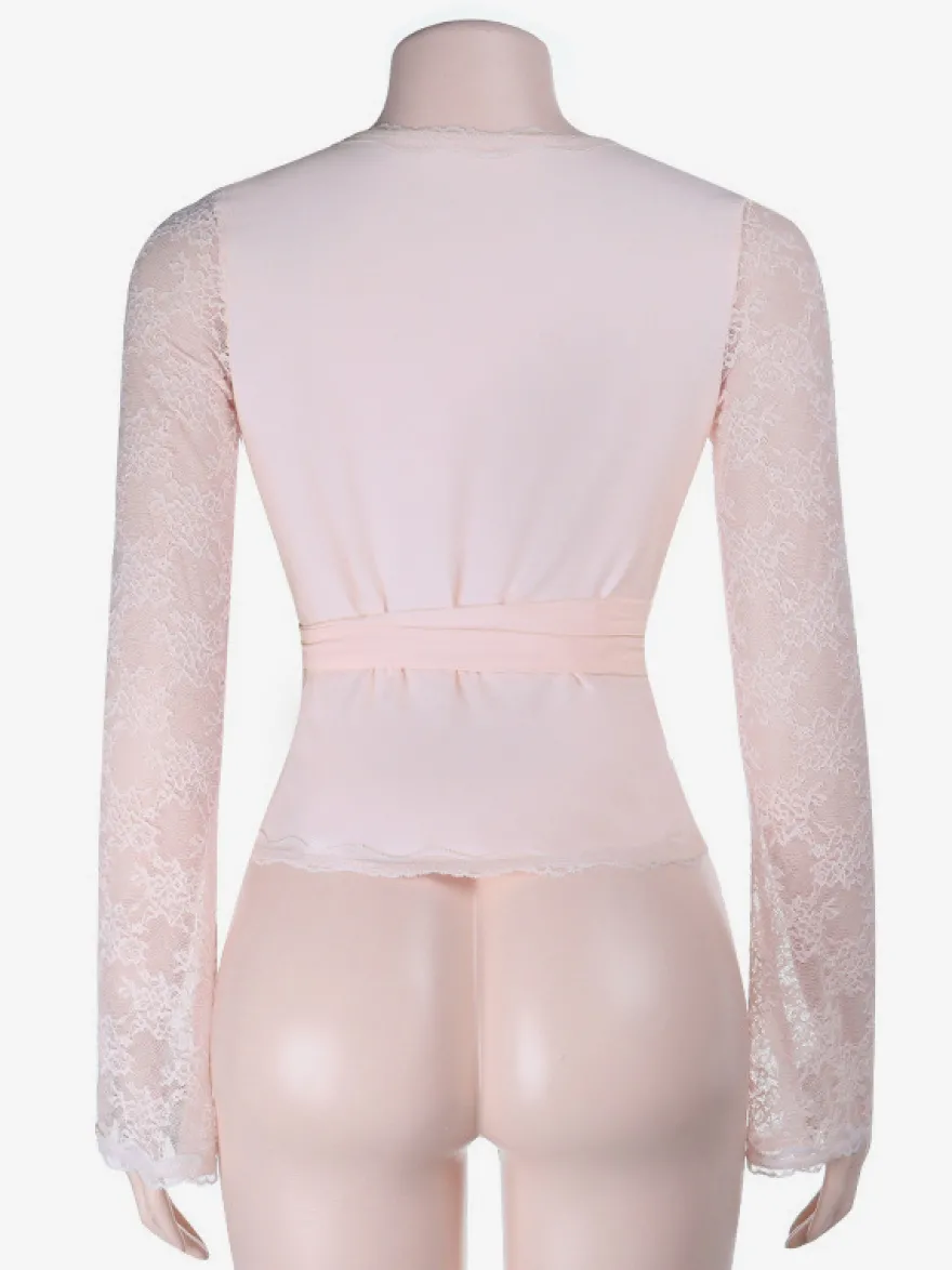 Top cache-cœur rose pâle pour femme - Chemisier à manches en dentelle transparente pour une soirée romantique - Haut romantique et sexy à décolleté plongeant style ballerine collection printemps 2026