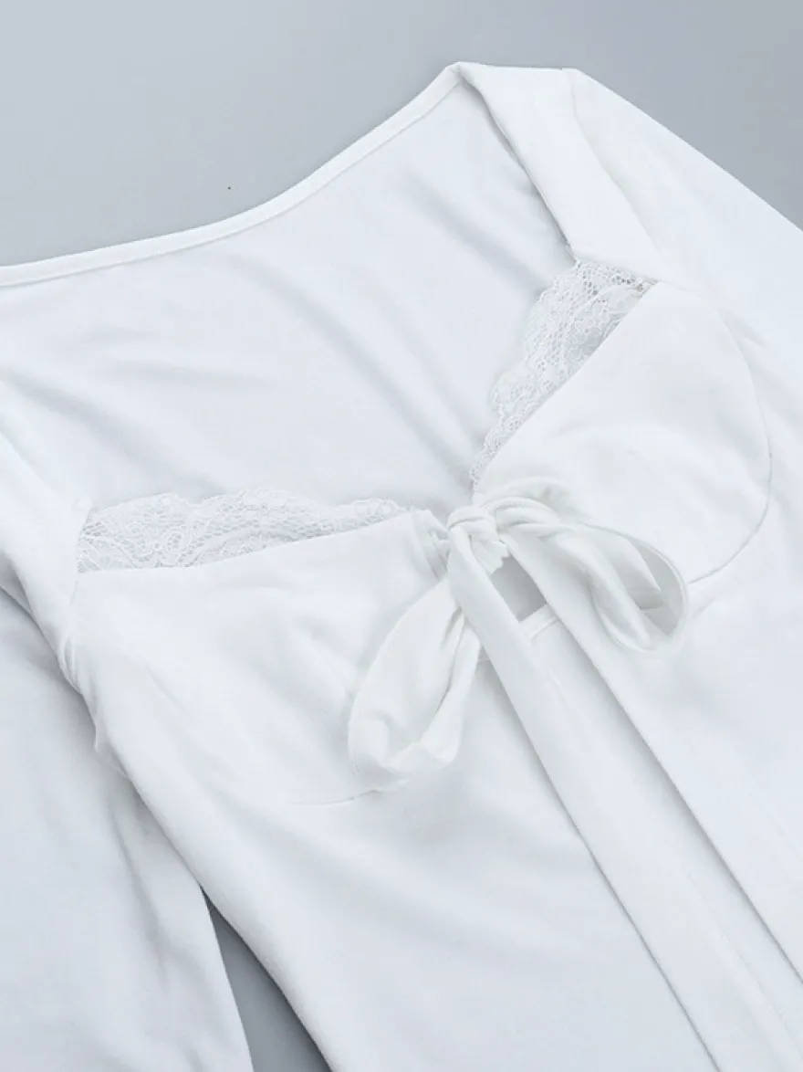 Top court à nœud papillon et bordure en dentelle pour femme - Chemisier Fairycore blanc à manches longues et coupe ajustée - Tenue de soirée printanière 2026