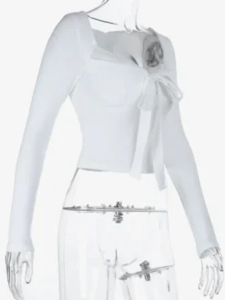 Top court à nœud papillon et bordure en dentelle pour femme - Chemisier Fairycore blanc à manches longues et coupe ajustée - Tenue de soirée printanière 2026