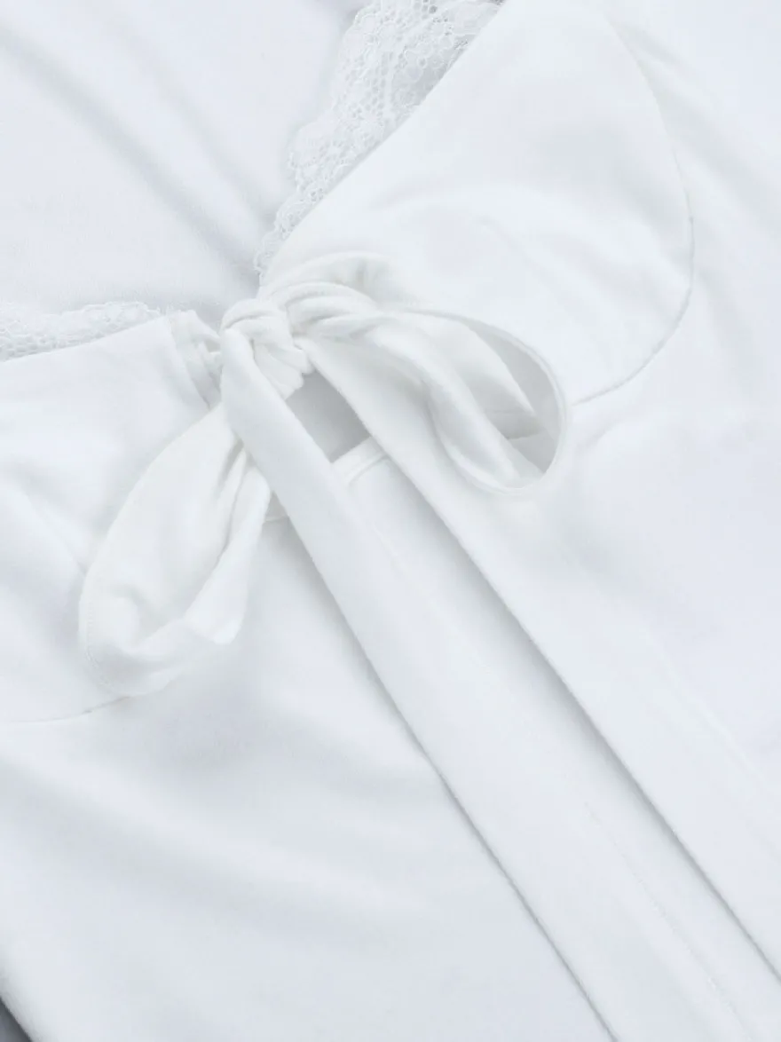 Top court à nœud papillon et bordure en dentelle pour femme - Chemisier Fairycore blanc à manches longues et coupe ajustée - Tenue de soirée printanière 2026