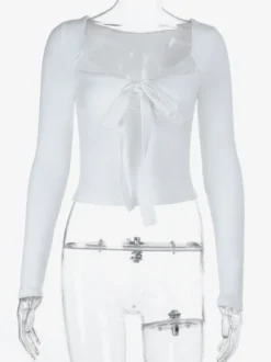 Top court à nœud papillon et bordure en dentelle pour femme - Chemisier Fairycore blanc à manches longues et coupe ajustée - Tenue de soirée printanière 2026