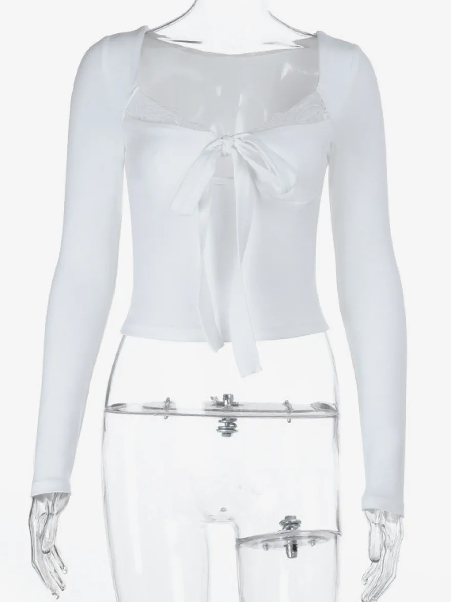 Top court à nœud papillon et bordure en dentelle pour femme - Chemisier Fairycore blanc à manches longues et coupe ajustée - Tenue de soirée printanière 2026