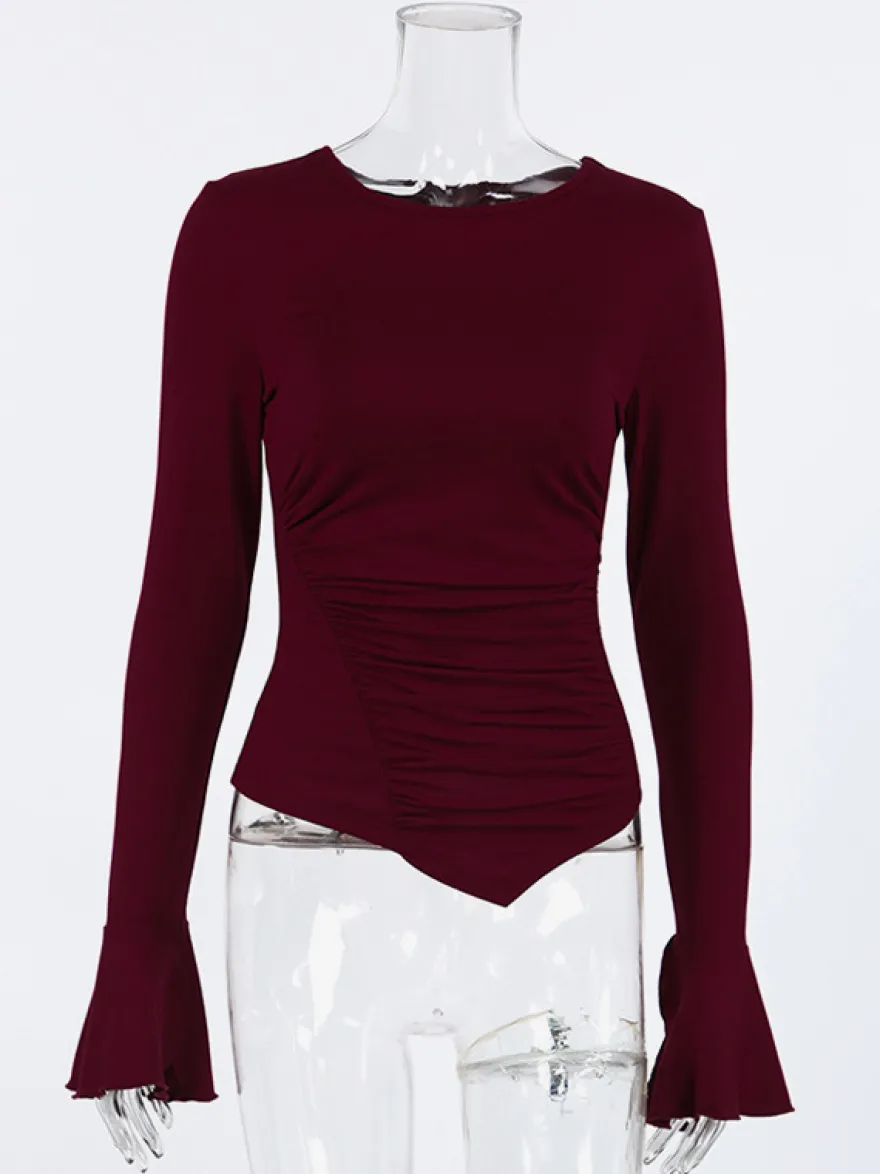 Top femme à manches longues froncées sur les côtés - Coupe ajustée et élégante avec poignets évasés - Style streetwear printemps 2026