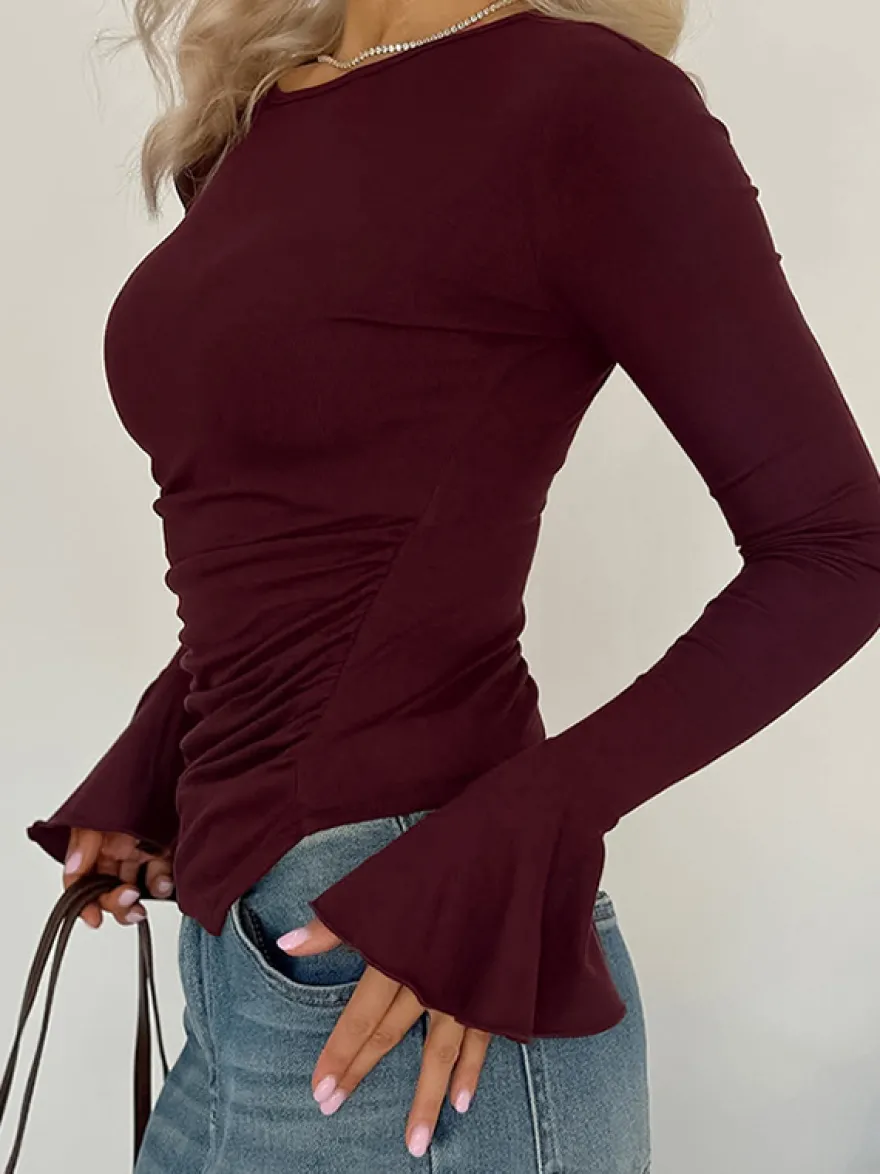 Top femme à manches longues froncées sur les côtés - Coupe ajustée et élégante avec poignets évasés - Style streetwear printemps 2026