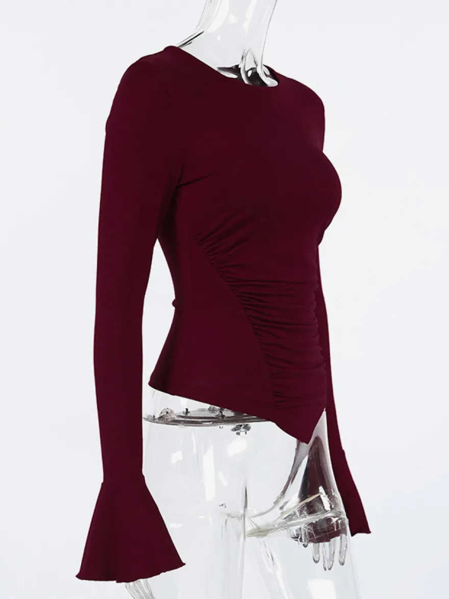 Top femme à manches longues froncées sur les côtés - Coupe ajustée et élégante avec poignets évasés - Style streetwear printemps 2026
