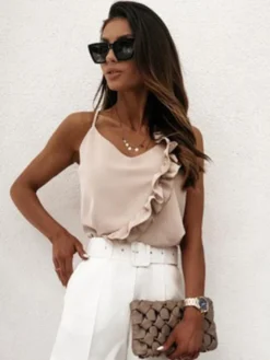 Top Sexy Haut Sexy Femme Taille Haute avec Bretelles avec Volantes sans Manches avec Dos Nu Unicolore