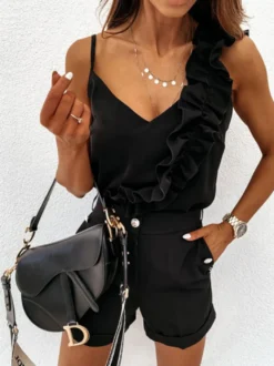 Top Sexy Haut Sexy Femme Taille Haute avec Bretelles avec Volantes sans Manches avec Dos Nu Unicolore