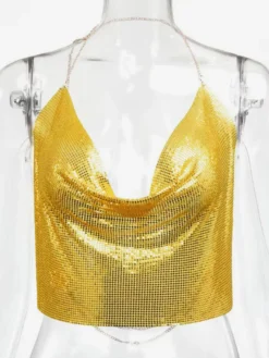 Tops Sexy en Paillettes Taille Haute Femmes avec Bretelles à Lacets à Col Décolleté en V avec Dos Nu Unicolore