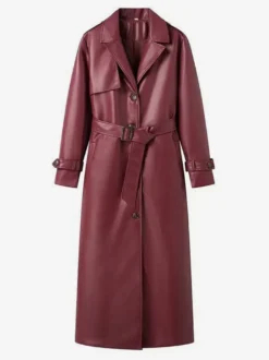 Trench-coat en similicuir pour femme - Veste maxi ceinturée à simple boutonnage - Vêtements d'extérieur chics pour le printemps 2026