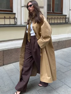 Trench-coat long classique pour femme - Kaki minimaliste coupe décontractée boutonnage simple - Vêtements d'extérieur printemps 2026 parfaits pour le bureau et le dîner