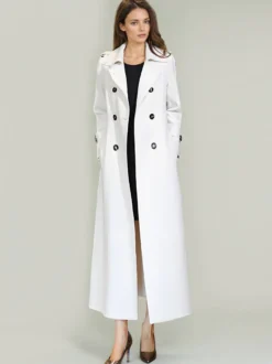Trench-Coat Pour Femme Ceinture Veste Longue Blanche Col Rabattu Manches Longues Polyester Bouton