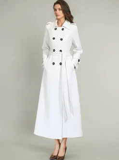 Trench-Coat Pour Femme Ceinture Veste Longue Blanche Col Rabattu Manches Longues Polyester Bouton