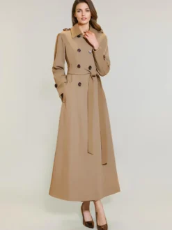 Trench-Coat Veste Longue Femme En Polyester Décontracté Col Rabattu Boutons Manches Longues