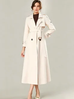 Trench-Coat Veste Longue Femme Moderne Polyester Col Rabattu Boutons Manches Longues