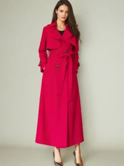 Trench-Coat Veste Longue Femme En Polyester Chic Col Rabattu Boutons Manches Longues Rouge