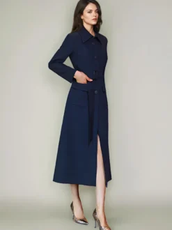 Trench-Coat Veste Longue Tendance En Polyester Pour Femme Col Rabattu Ceinture