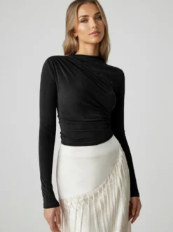 T-shirt basique pour femme à manches longues plissé à demi-col roulé Slim Fit Printemps Tops 2026
