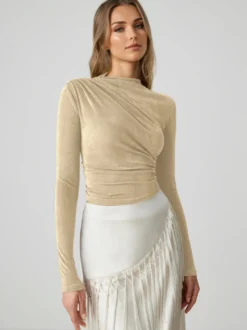 T-shirt basique pour femme à manches longues plissé à demi-col roulé Slim Fit Printemps Tops 2026