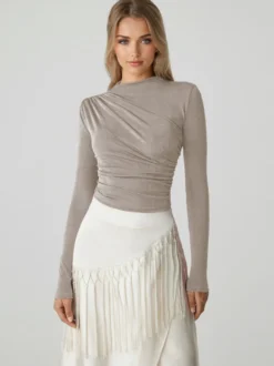T-shirt basique pour femme à manches longues plissé à demi-col roulé Slim Fit Printemps Tops 2026