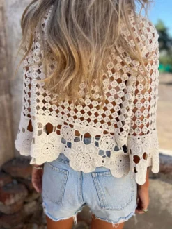 T-shirt bohème ajouré en crochet blouse blanche à col en V et lacets en dentelle