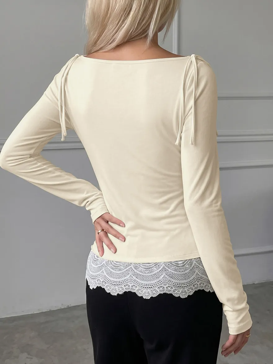 T-shirt femme à manches longues et col drapé détail bretelles à nouer ourlet en dentelle coupe slim décontractée