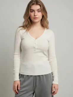 T-shirt Henley côtelé pour femme - Coupe ajustée col V manches longues boutonnage sur le devant - Idéal pour le printemps 2026