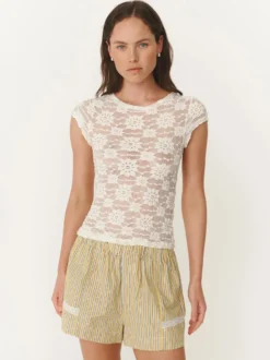 T-shirt à manches courtes noir à bretelles en dentelle et col montant pour femme - T-shirt d'été