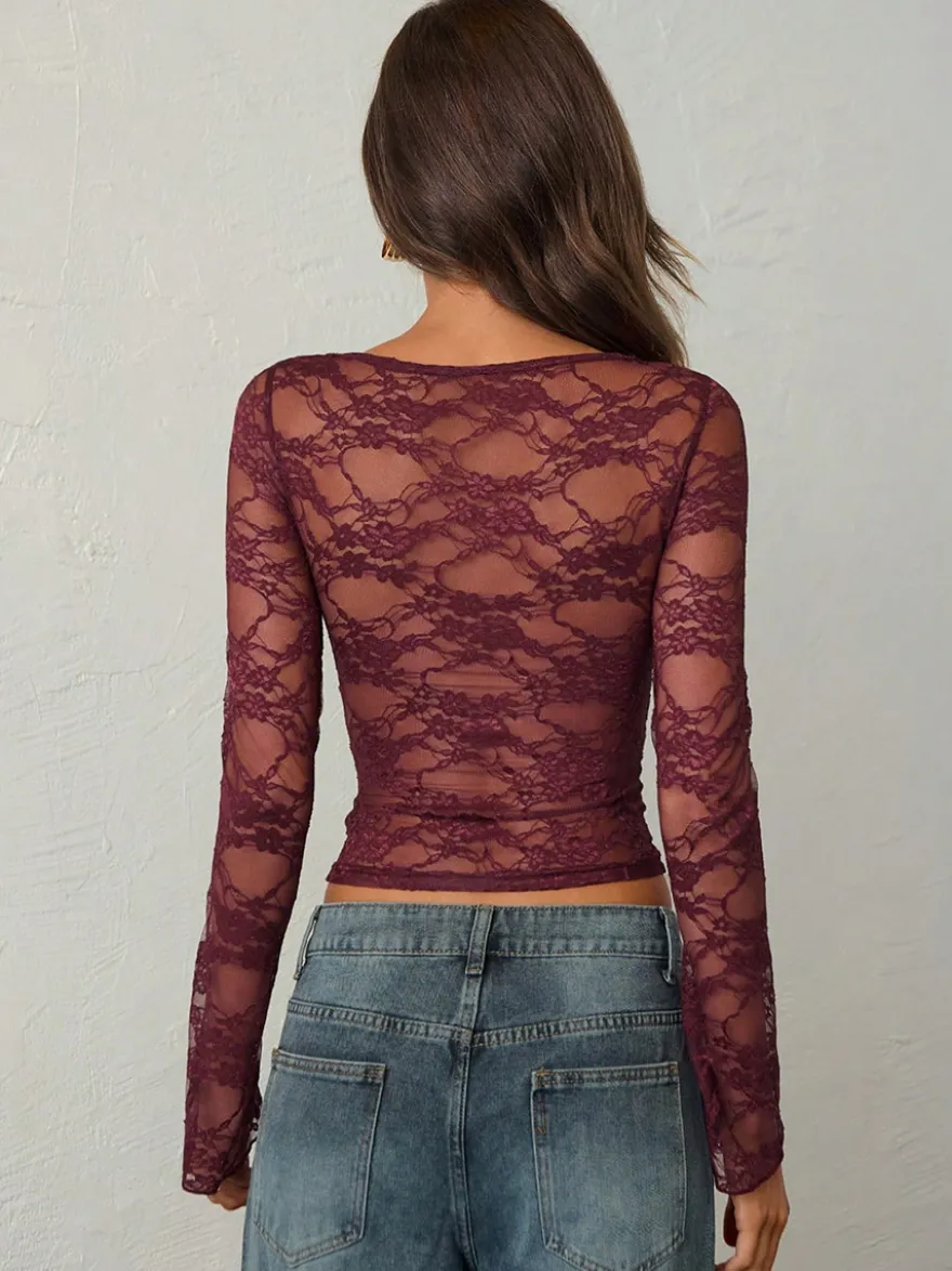 T-shirt à manches longues bordeaux à imprimé floral col rond en dentelle et lycra spandex pour femme
