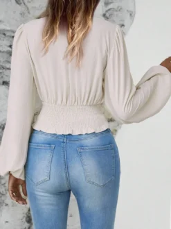T-Shirt À Manches Longues Bouffantes Col En V Vert Foncé Pour Femme