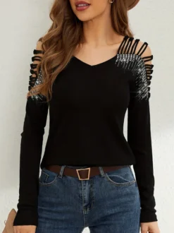 T-shirt à manches longues en coton noir avec strass et décolleté en V pour femme