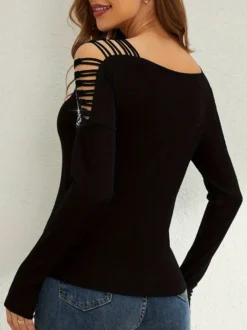 T-shirt à manches longues en coton noir avec strass et décolleté en V pour femme
