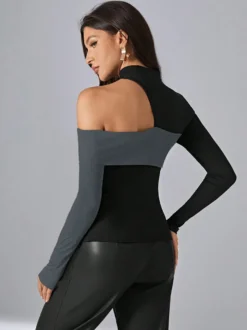 T-Shirt À Manches Longues En Polyester Noir Décolleté Asymétrique Femme