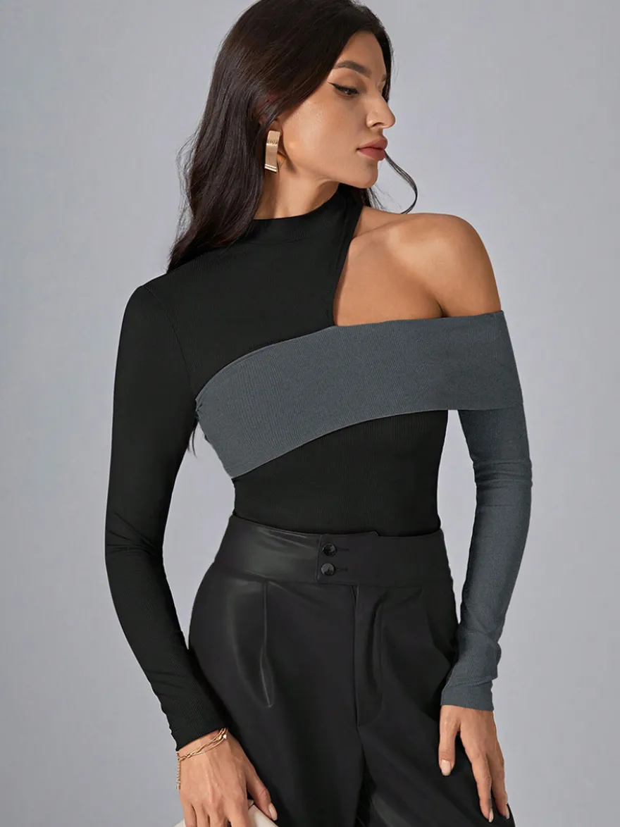 T-Shirt À Manches Longues En Polyester Noir Décolleté Asymétrique Femme