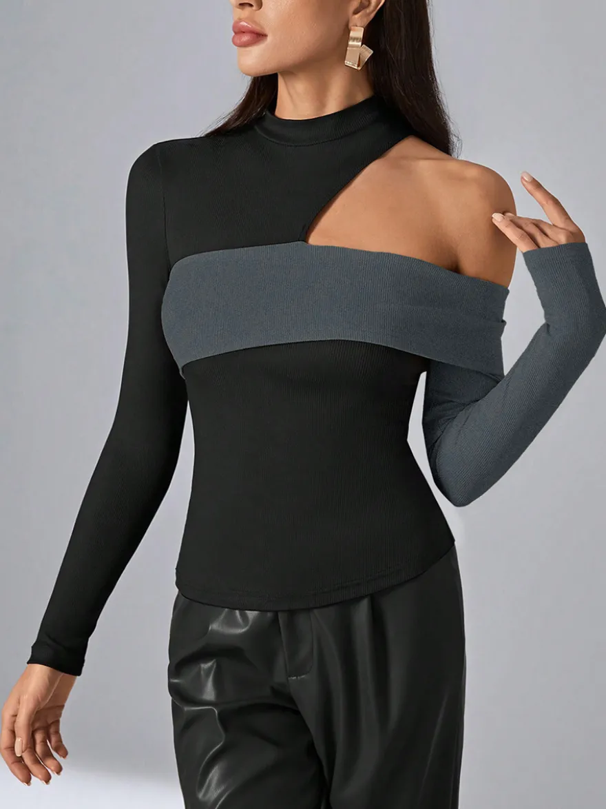 T-Shirt À Manches Longues En Polyester Noir Décolleté Asymétrique Femme
